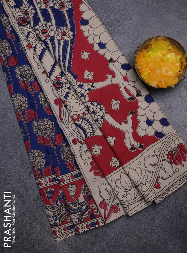 Kalamkari cotton saree blue and pink with allover prints and printed border