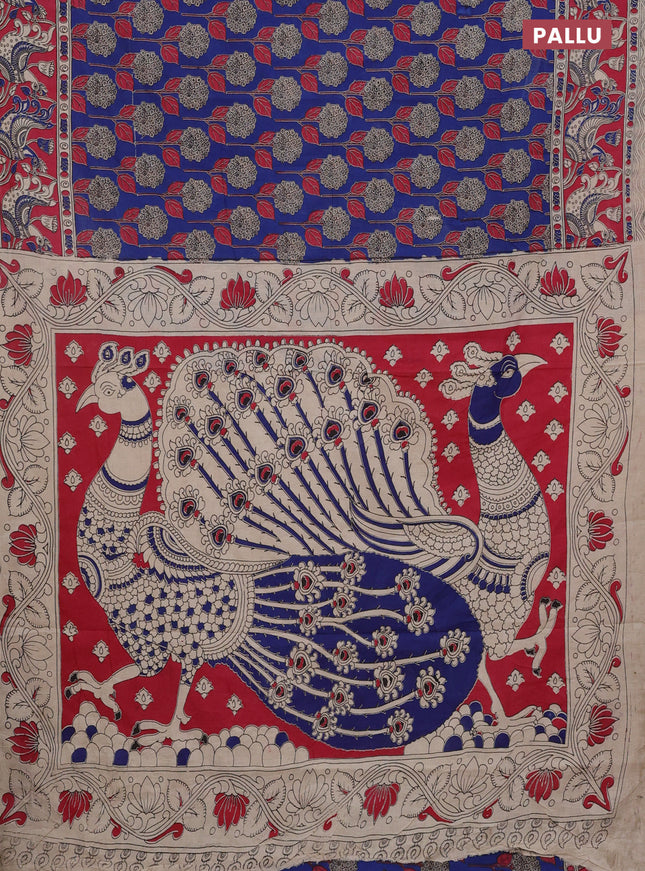Kalamkari cotton saree blue and pink with allover prints and printed border