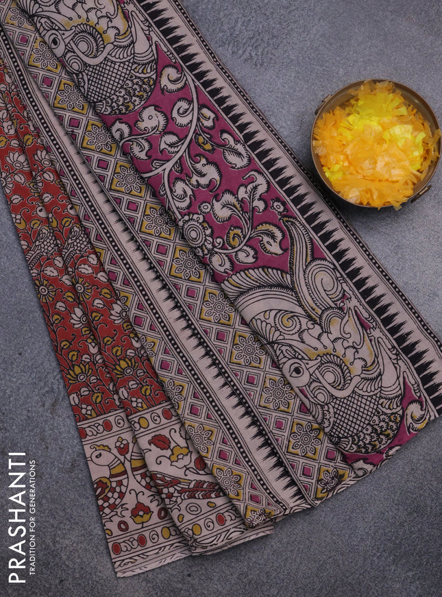Kalamkari cotton saree maroon and beige with allover prints and printed border