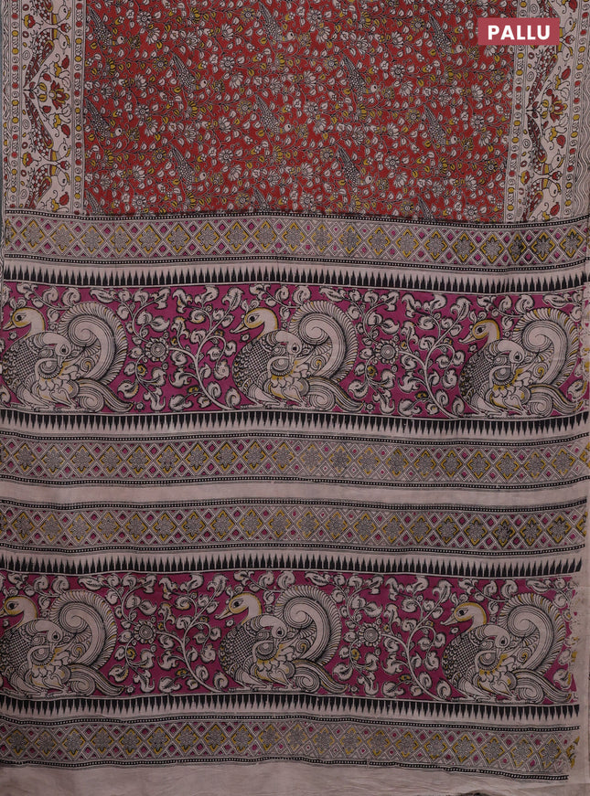 Kalamkari cotton saree maroon and beige with allover prints and printed border