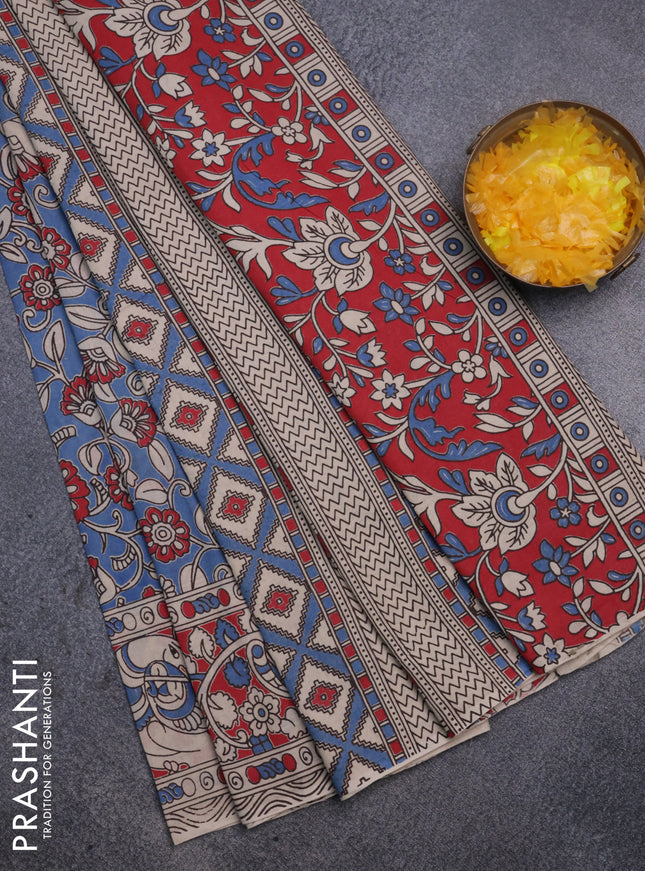 Kalamkari cotton saree blue and red with allover prints and printed border
