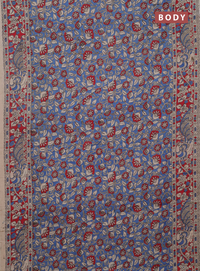Kalamkari cotton saree blue and red with allover prints and printed border
