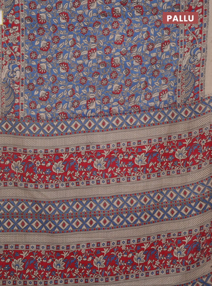 Kalamkari cotton saree blue and red with allover prints and printed border