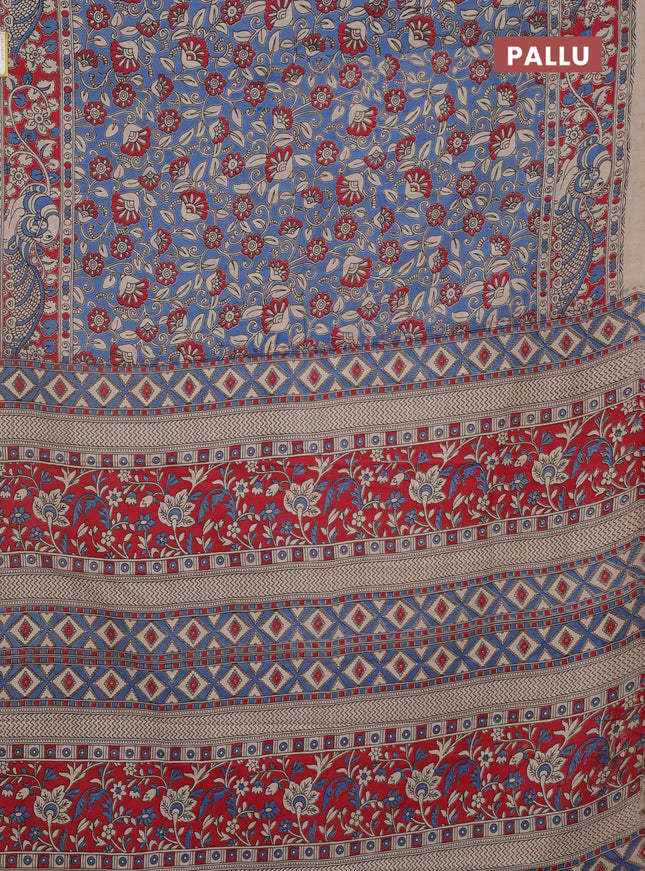 Kalamkari cotton saree blue and red with allover prints and printed border