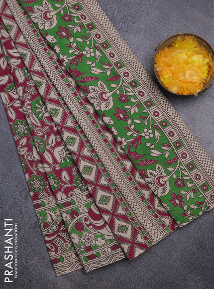 Kalamkari cotton saree magenta pink and green with allover prints and printed border
