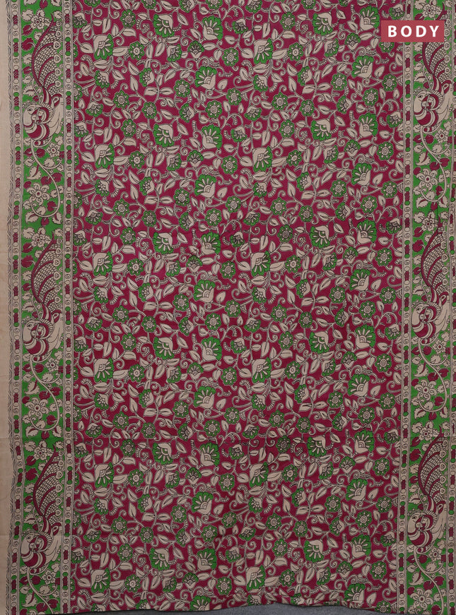 Kalamkari cotton saree magenta pink and green with allover prints and printed border