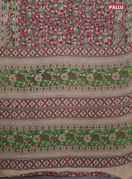 Kalamkari cotton saree magenta pink and green with allover prints and printed border