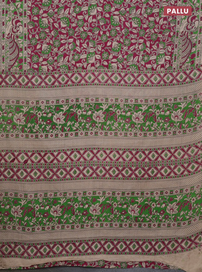 Kalamkari cotton saree magenta pink and green with allover prints and printed border