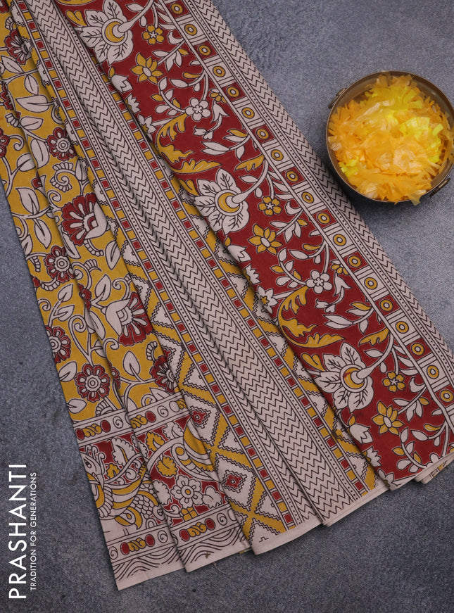 Kalamkari cotton saree yellow and maroon with allover prints and printed border