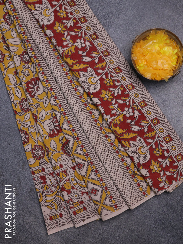 Kalamkari cotton saree yellow and maroon with allover prints and printed border