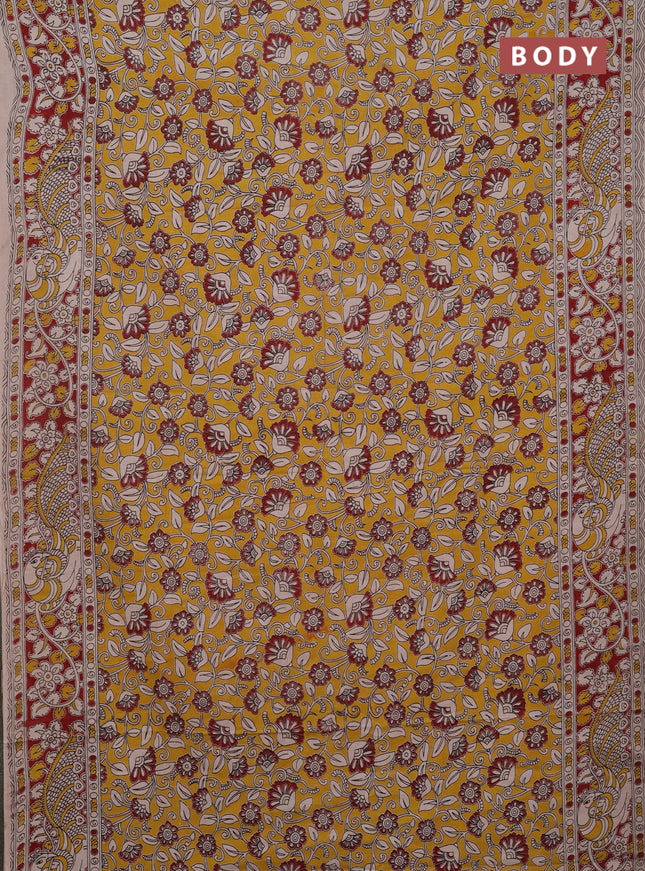 Kalamkari cotton saree yellow and maroon with allover prints and printed border