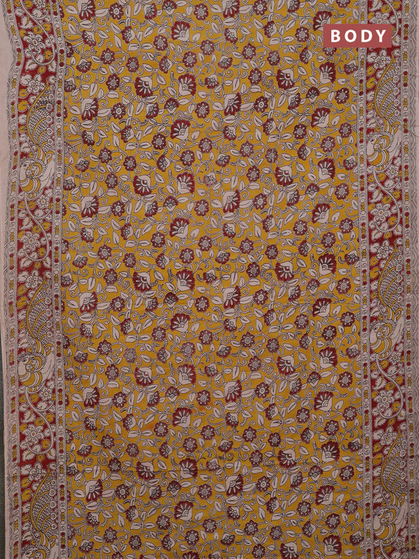 Kalamkari cotton saree yellow and maroon with allover prints and printed border