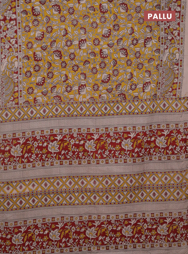 Kalamkari cotton saree yellow and maroon with allover prints and printed border