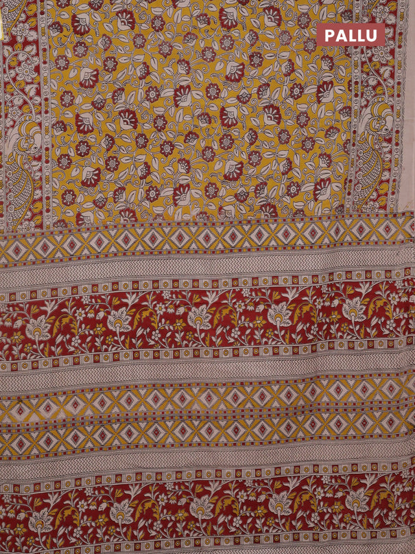 Kalamkari cotton saree yellow and maroon with allover prints and printed border