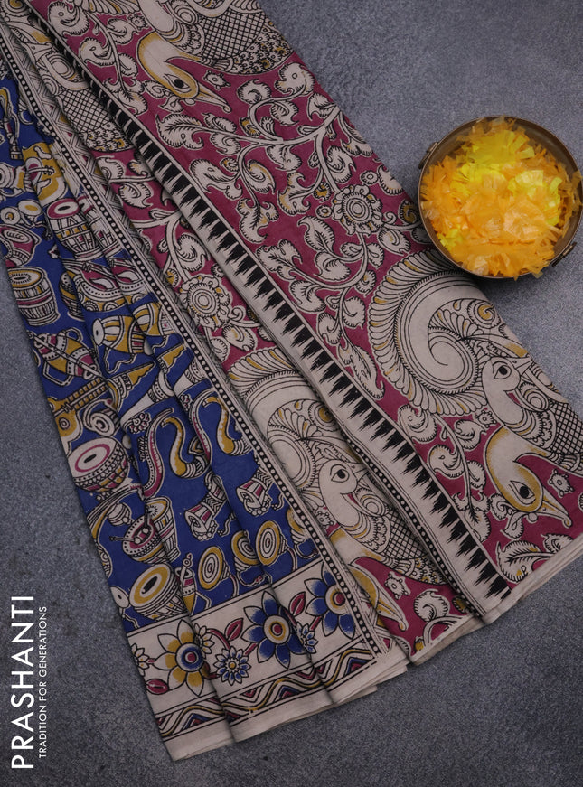 Kalamkari cotton saree blue and beige with allover prints and printed border