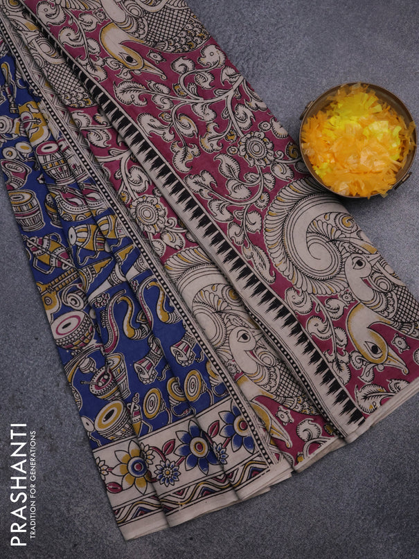 Kalamkari cotton saree blue and beige with allover prints and printed border