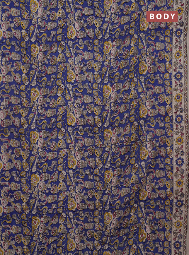 Kalamkari cotton saree blue and beige with allover prints and printed border