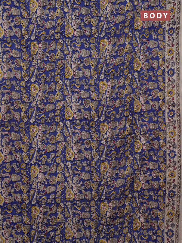 Kalamkari cotton saree blue and beige with allover prints and printed border