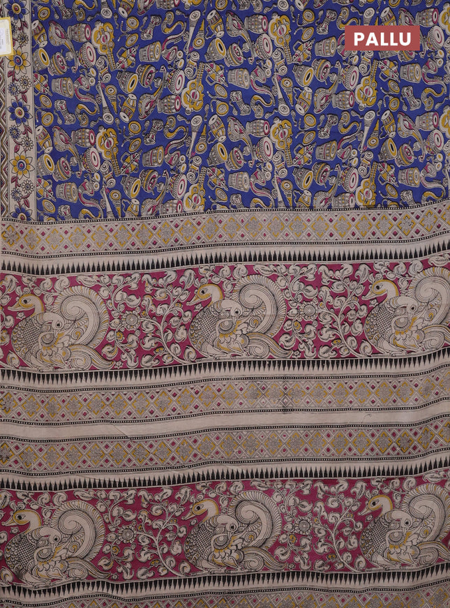 Kalamkari cotton saree blue and beige with allover prints and printed border