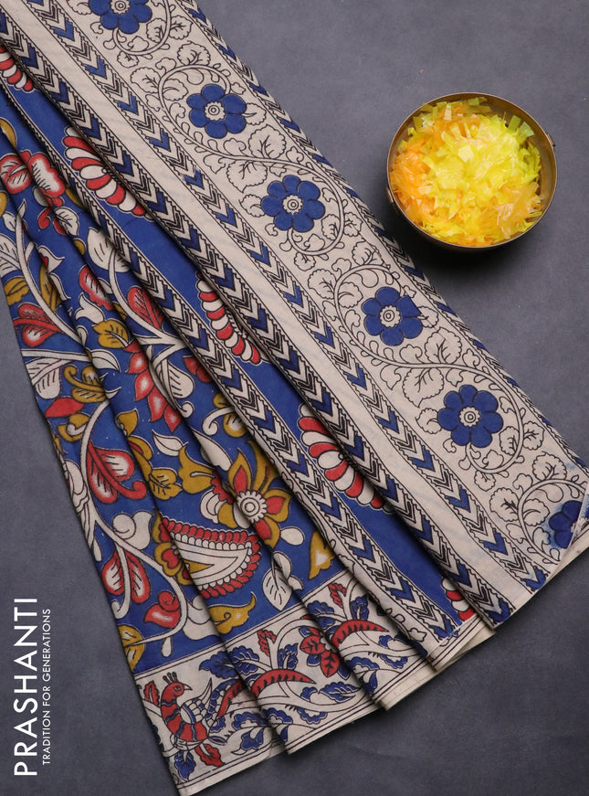 Kalamkari cotton saree blue and beige with allover prints and printed border