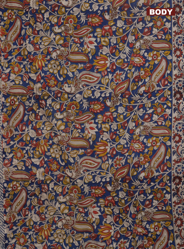 Kalamkari cotton saree blue and beige with allover prints and printed border