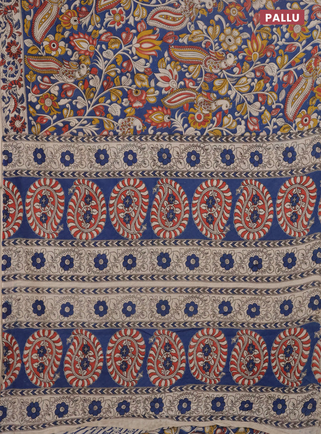 Kalamkari cotton saree blue and beige with allover prints and printed border