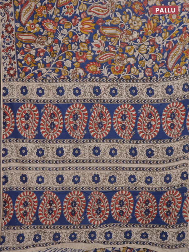 Kalamkari cotton saree blue and beige with allover prints and printed border