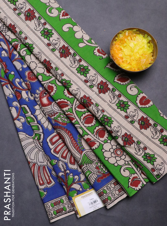 Kalamkari cotton saree blue and beige with allover prints and printed border