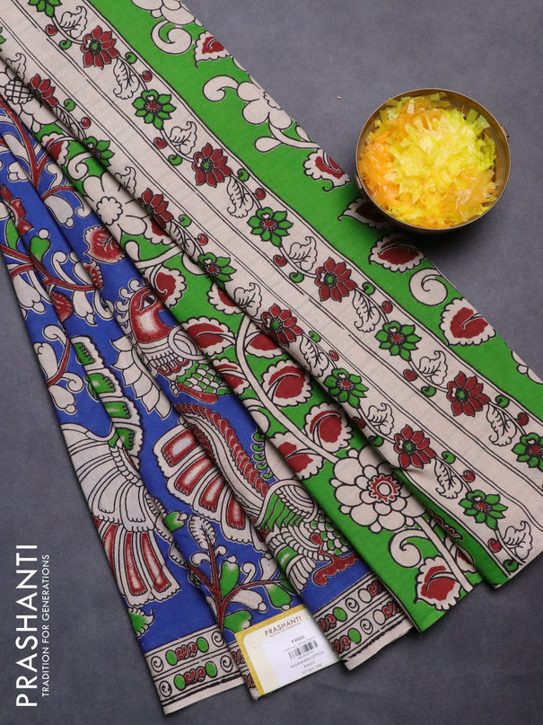 Kalamkari cotton saree blue and beige with allover prints and printed border