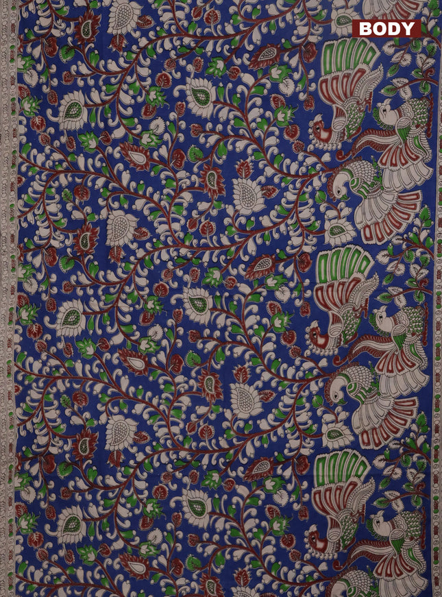 Kalamkari cotton saree blue and beige with allover prints and printed border