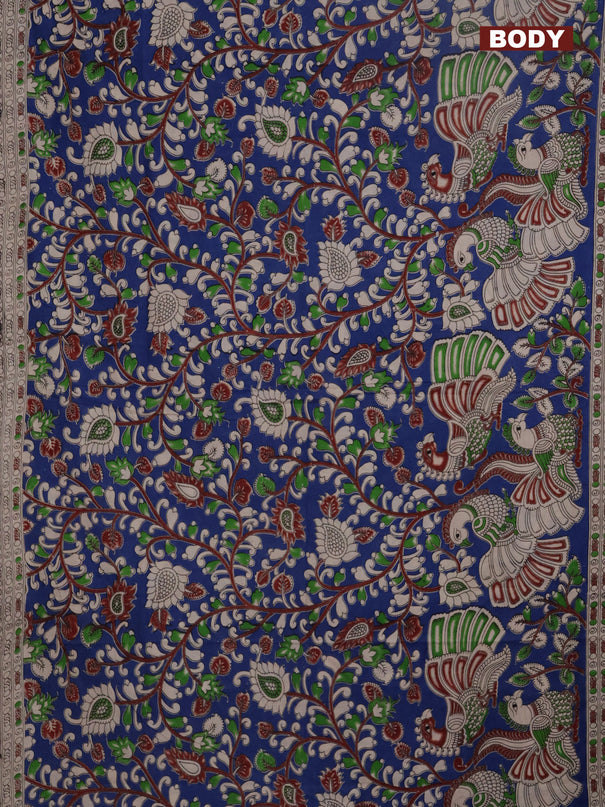 Kalamkari cotton saree blue and beige with allover prints and printed border