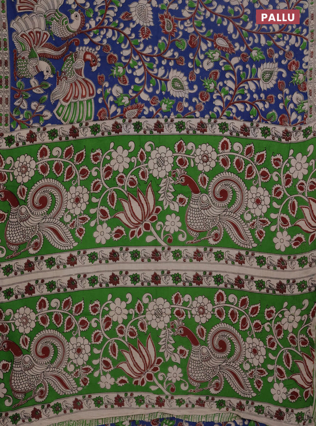 Kalamkari cotton saree blue and beige with allover prints and printed border