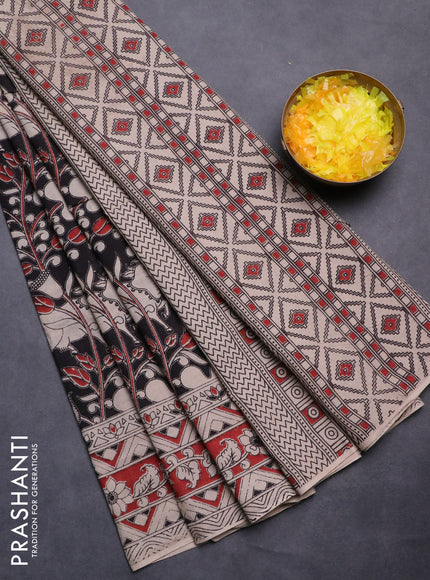 Kalamkari cotton saree black and maroon with allover prints and printed border