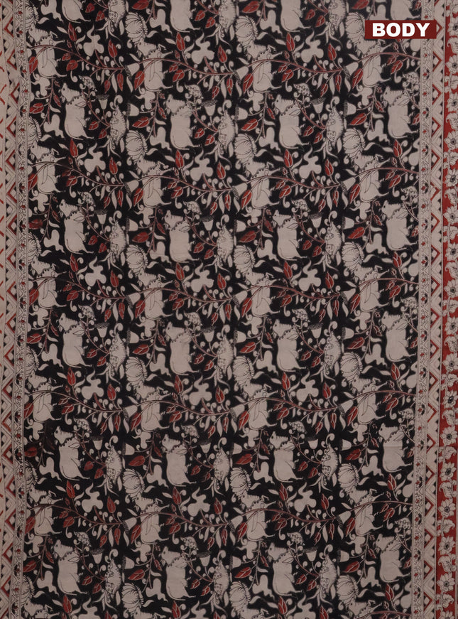 Kalamkari cotton saree black and maroon with allover prints and printed border