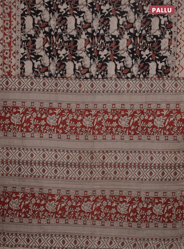 Kalamkari cotton saree black and maroon with allover prints and printed border