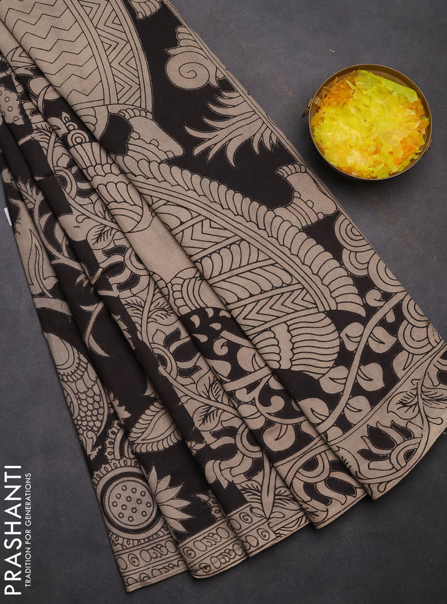 Kalamkari cotton saree black and beige with allover prints and printed border