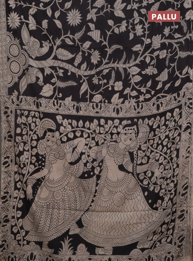 Kalamkari cotton saree black and beige with allover prints and printed border