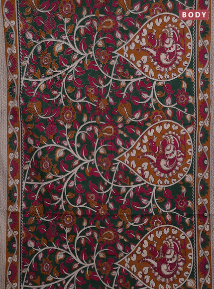 Kalamkari cotton saree dark green and dark mustard with allover prints and printed border