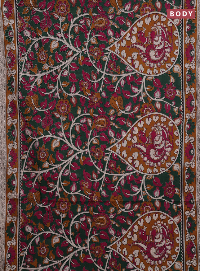 Kalamkari cotton saree dark green and dark mustard with allover prints and printed border