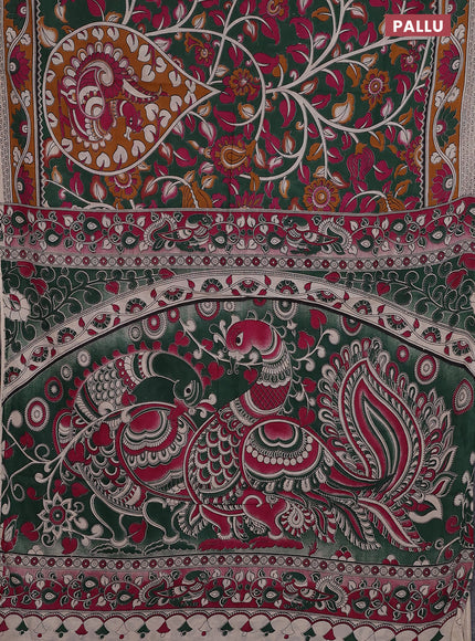 Kalamkari cotton saree dark green and dark mustard with allover prints and printed border