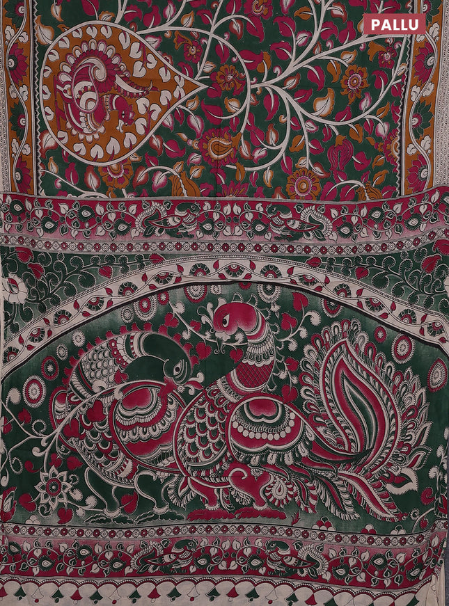 Kalamkari cotton saree dark green and dark mustard with allover prints and printed border