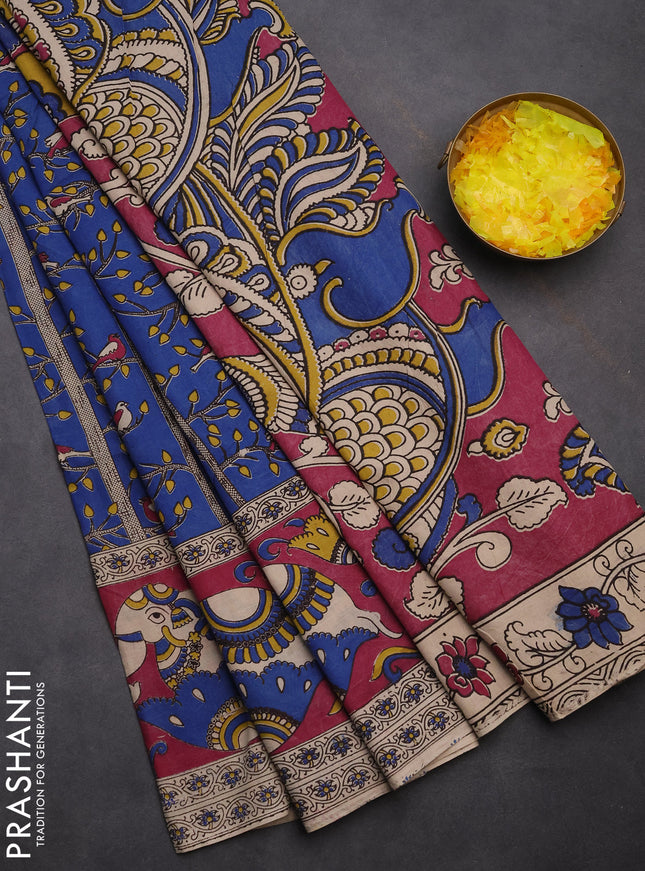 Kalamkari cotton saree blue and magenta pink with allover prints and printed border