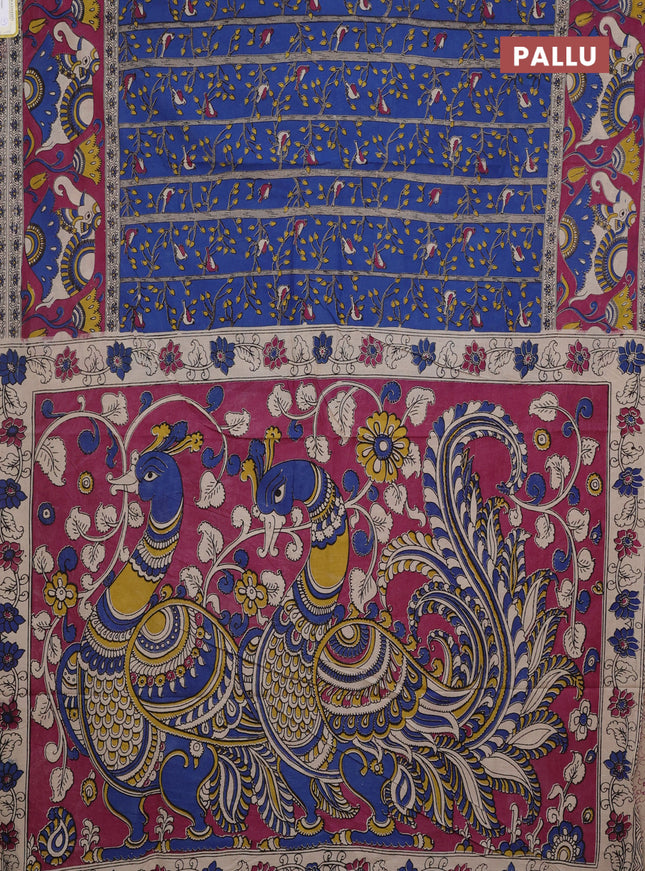 Kalamkari cotton saree blue and magenta pink with allover prints and printed border