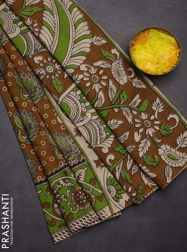 Kalamkari cotton saree dark mustard and maroon with allover prints and printed border