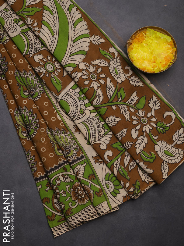 Kalamkari cotton saree dark mustard and maroon with allover prints and printed border