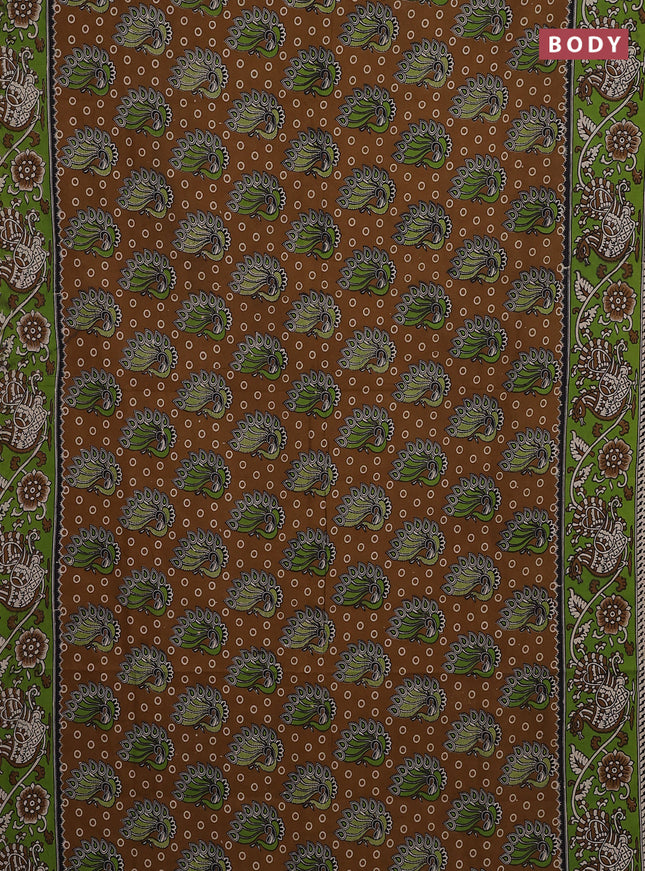 Kalamkari cotton saree dark mustard and maroon with allover prints and printed border