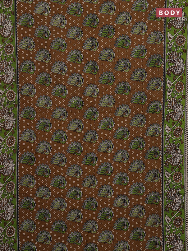 Kalamkari cotton saree dark mustard and maroon with allover prints and printed border