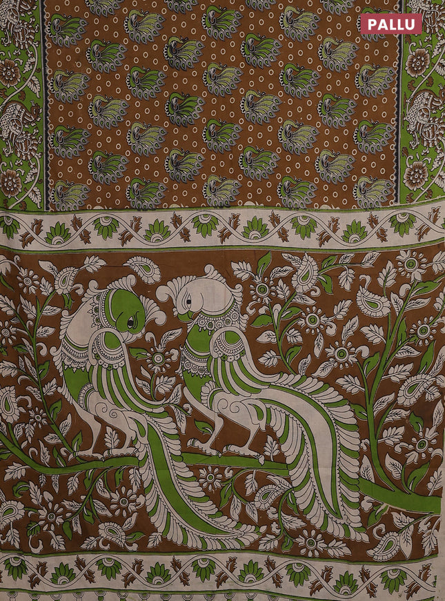 Kalamkari cotton saree dark mustard and maroon with allover prints and printed border