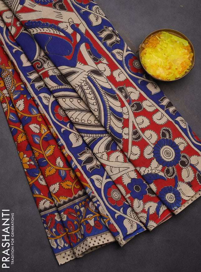 Kalamkari cotton saree red and blue with allover prints and printed border