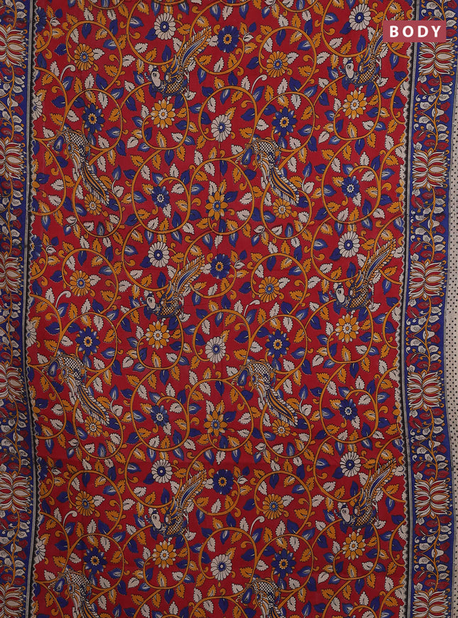 Kalamkari cotton saree red and blue with allover prints and printed border
